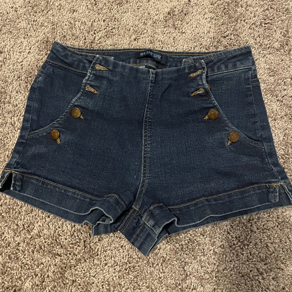Button front jean shorts. dark wash